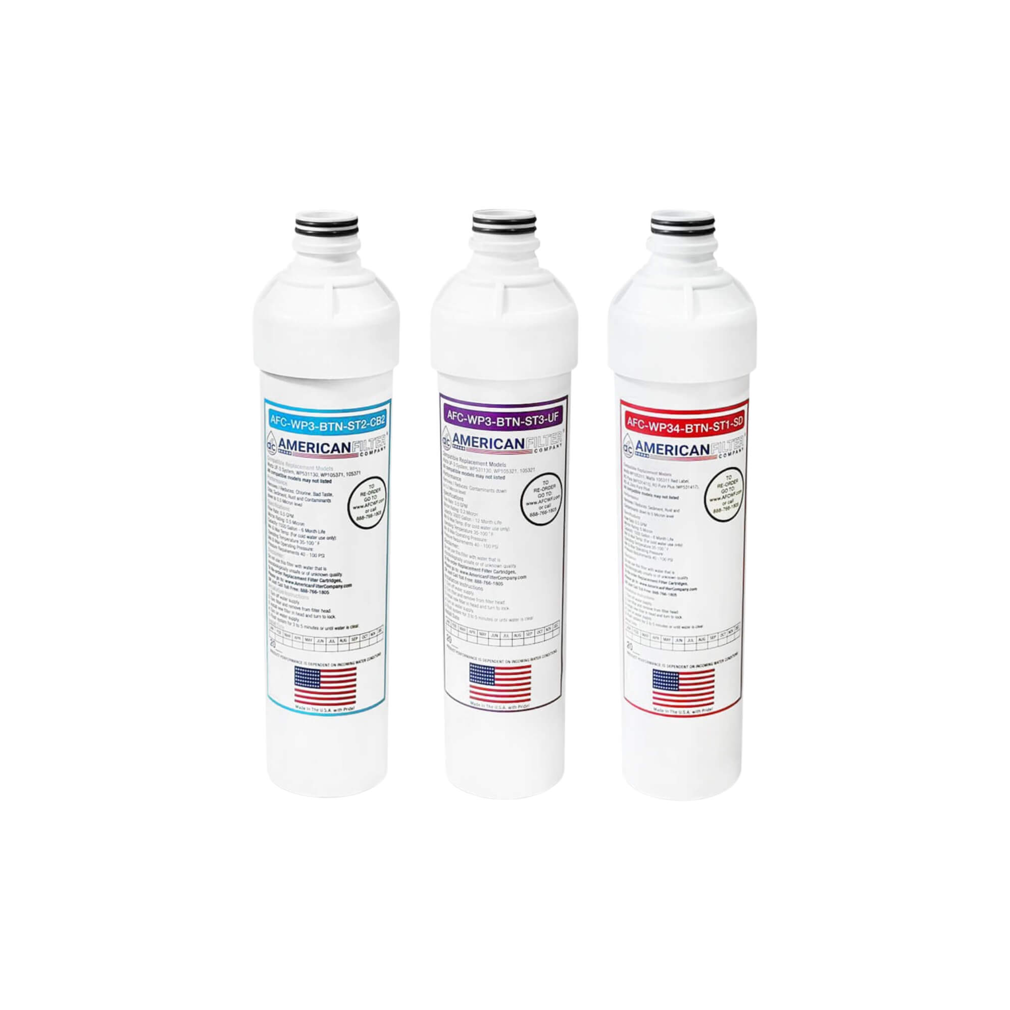 AFC® Model #AFC-WP3-BTN-1B-1R-1P Water Filters Set, Compatible with Watts® UF-3 Under Counter Water Filtration System WP531130 | Push Button