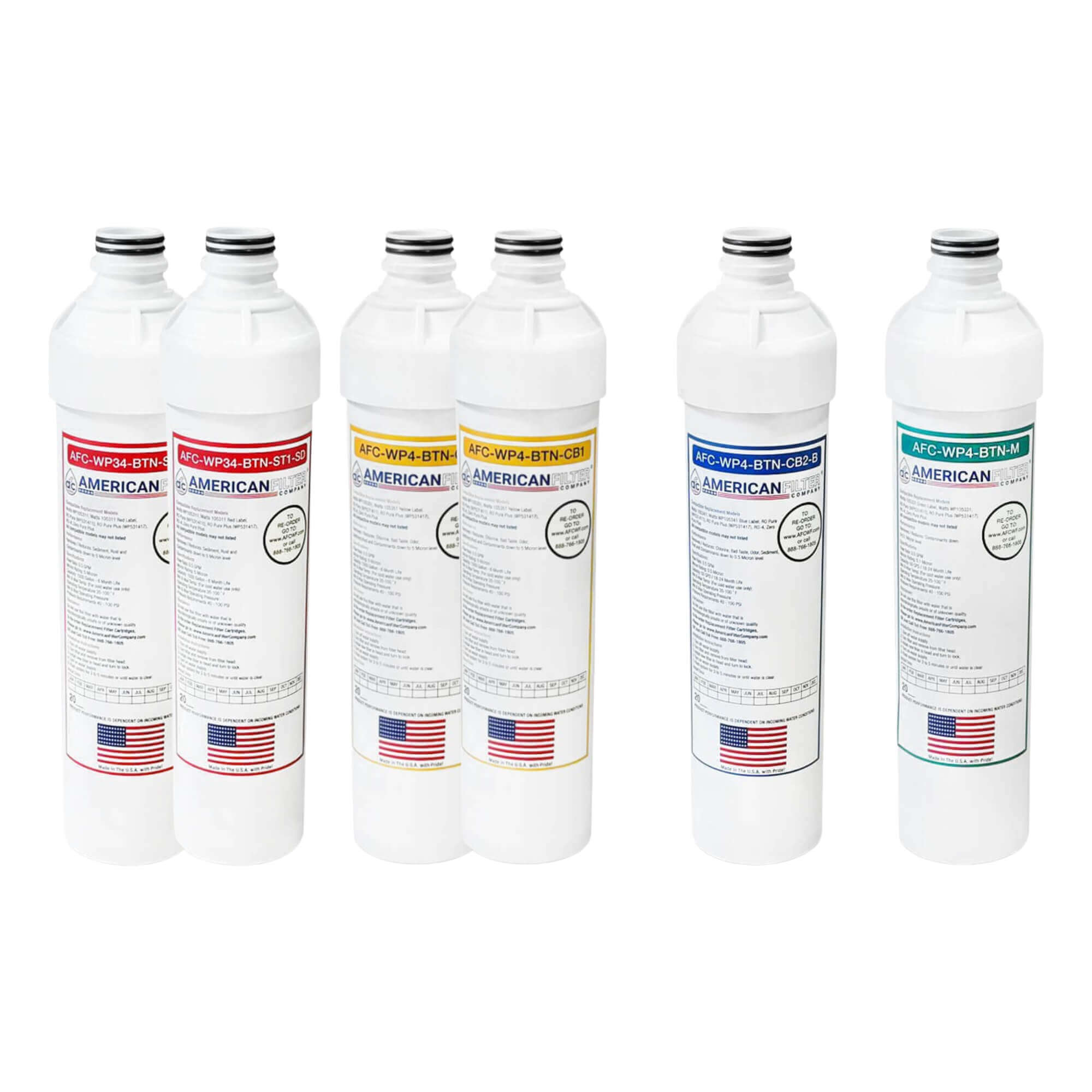 AFC® Model #AFC-WP4-BTN-4R-4Y-1G-2B Water Filters Set, Compatible with Watts® WP531155 Push Button