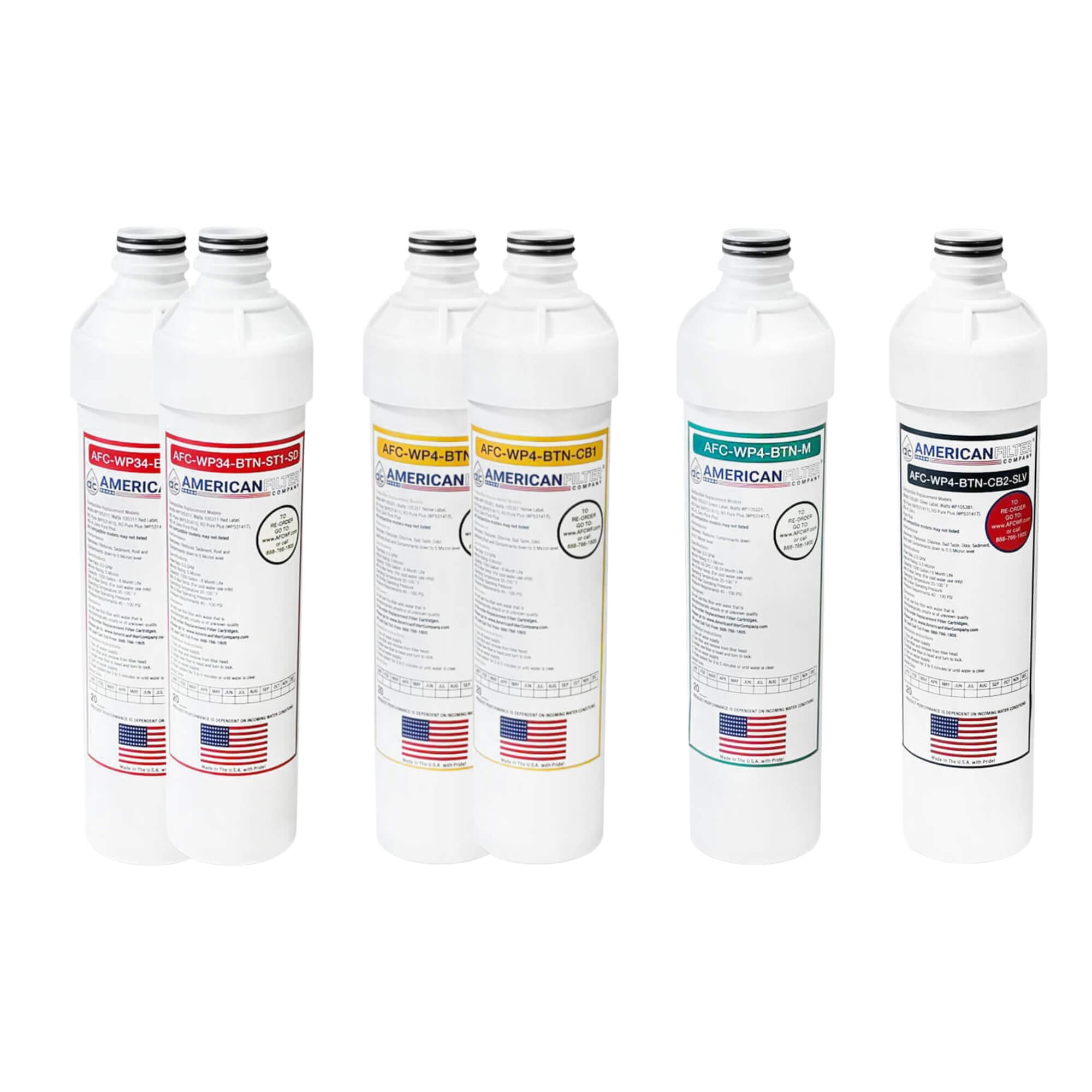 AFC&reg; Model #AFC-WP4-BTN-1R-1Y-1G-1SV Water Filters Set, Compatible with Watts&reg; WP531161 Push Button