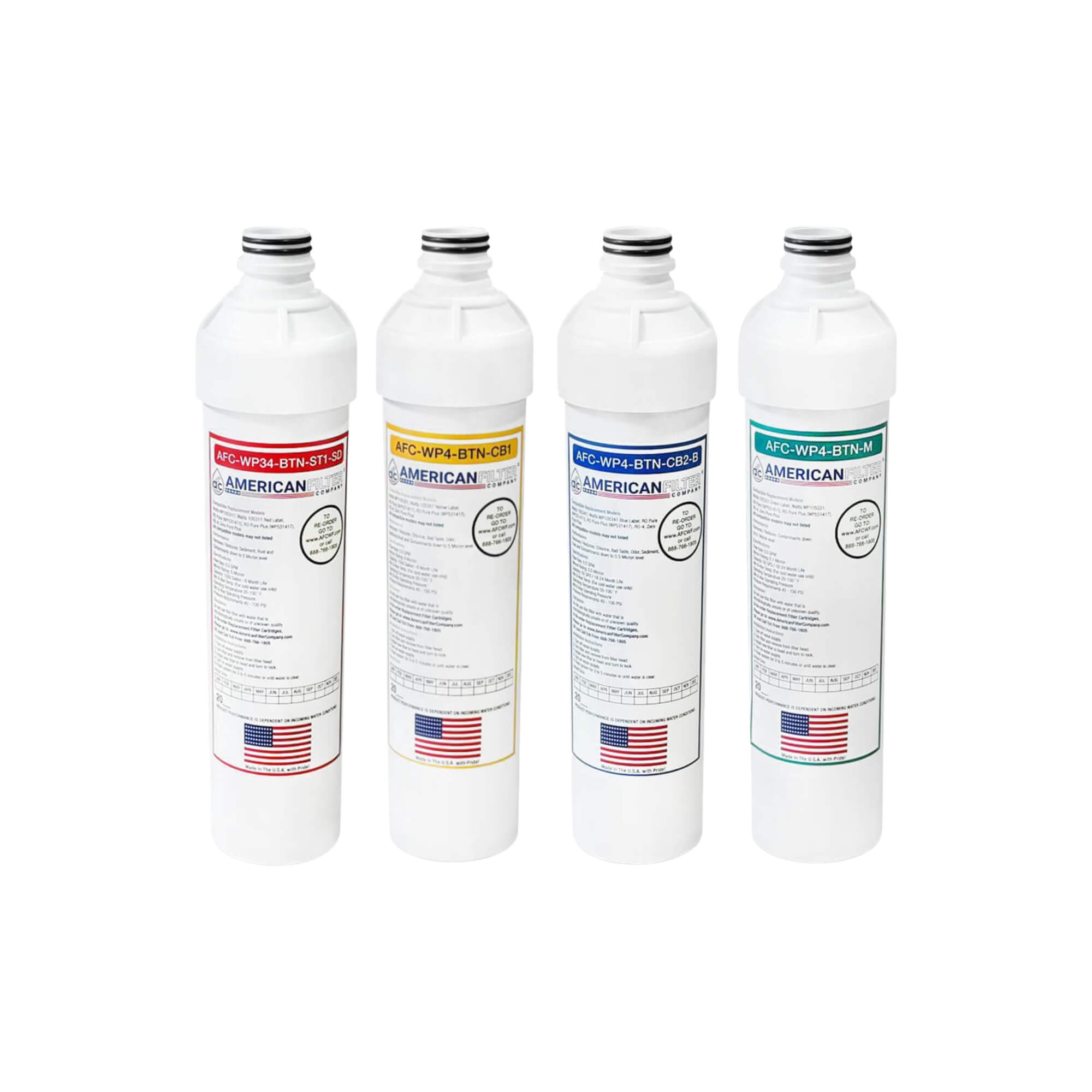 AFC&reg; Model #AFC-WP4-BTN-1R-1Y-1B-1G Water Filters Set, Compatible with Watts&reg; Under Sink RO-Pure WP531411 WP531407 Push Button