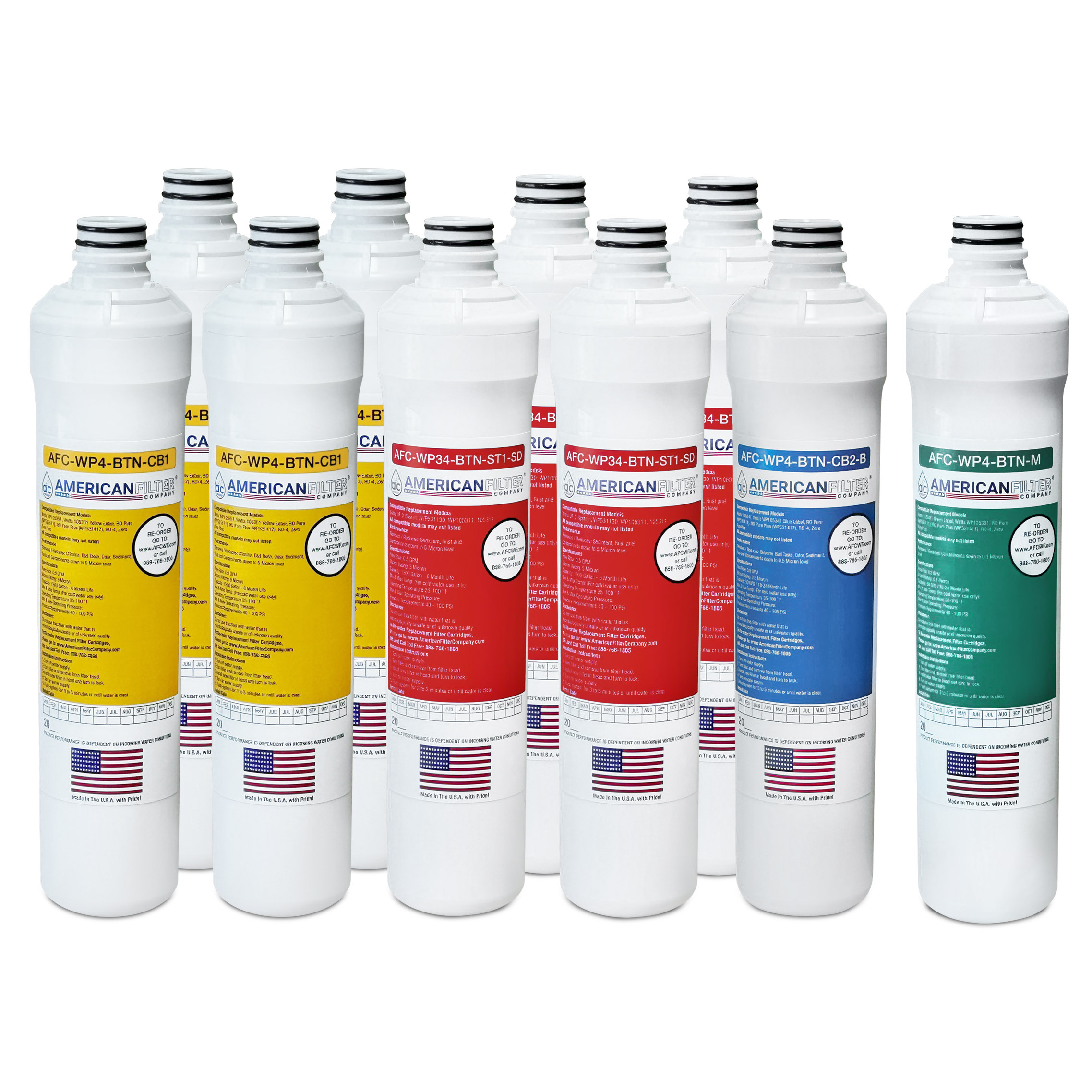 AFC® #AFC-WP4-BTN-2YR-4R-4Y-1G-2B-11PK, Compatible with Watts® 4-Stage Reverse Osmosis Systems Model RO-PURE 531411 WP531152 WP531155